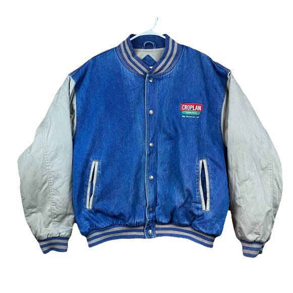 Vintage Tri-Mountain CropLand Genetics Co-Op Denim Varsity Jacket 2XL USA - Picture 1 of 16